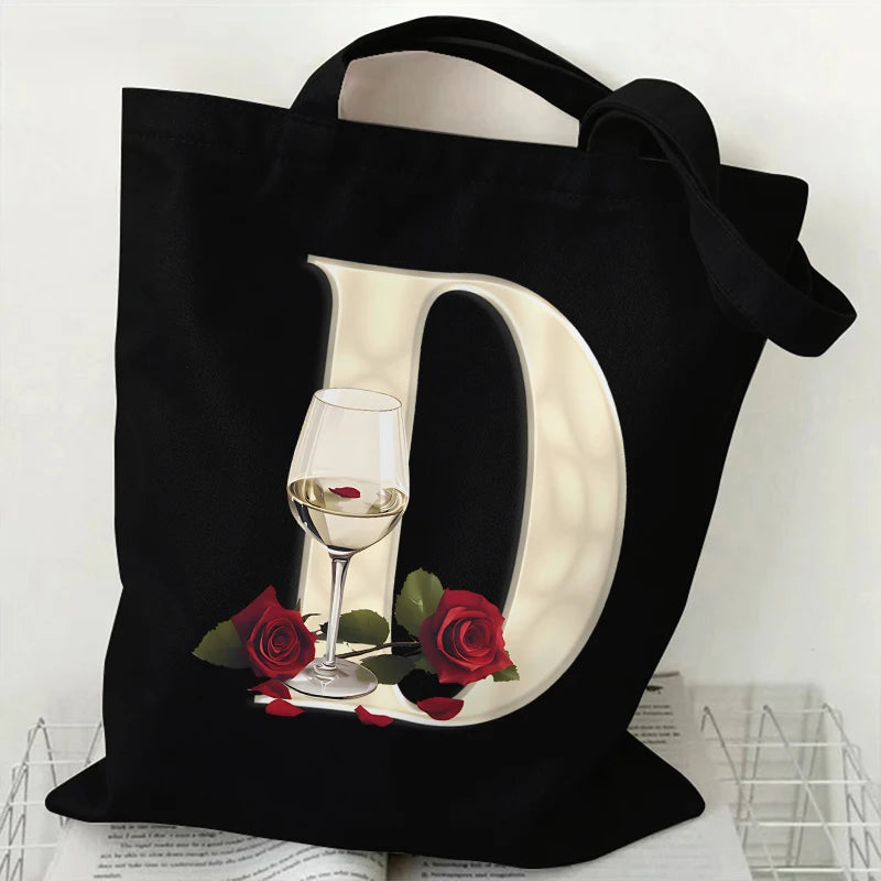Fashion A–Z Letter Rose Print Tote Bag for Women