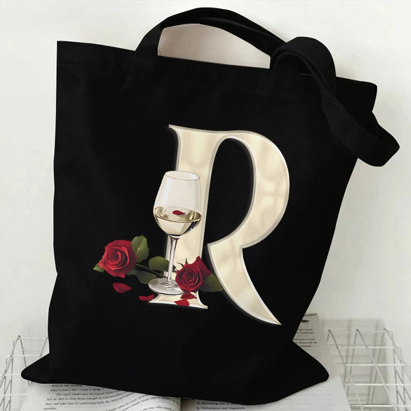 Fashion A–Z Letter Rose Print Tote Bag for Women