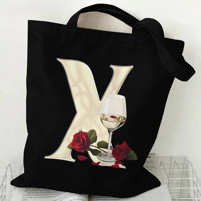 Fashion A–Z Letter Rose Print Tote Bag for Women