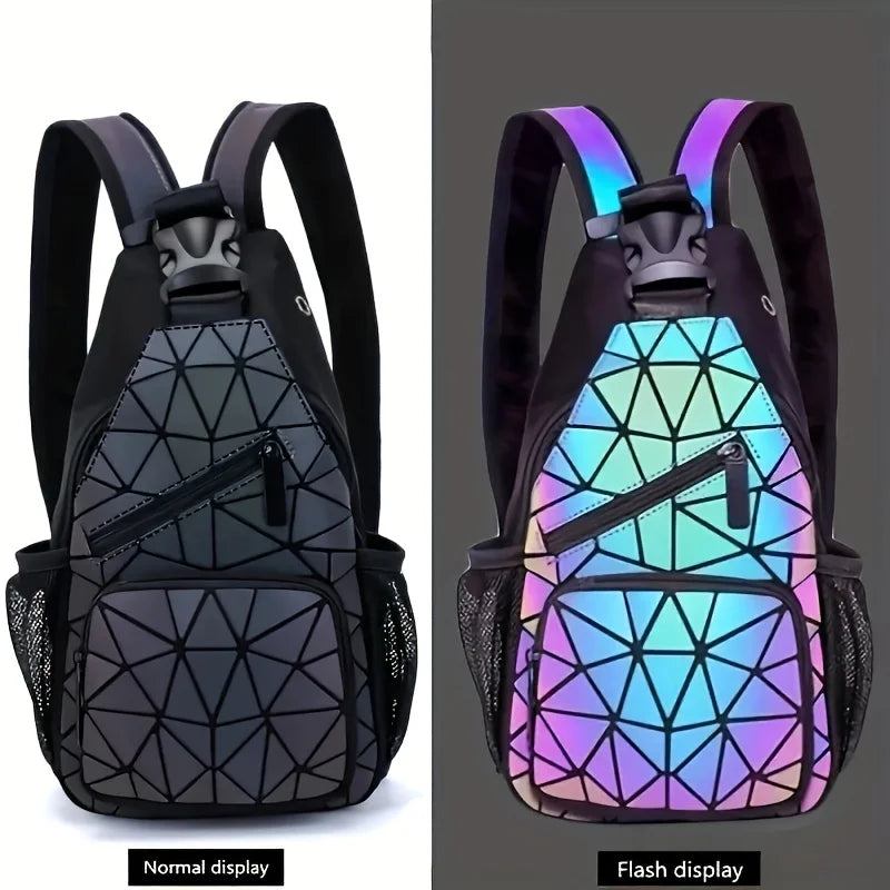 Geometric Luminous Holographic Backpack – Large Capacity Reflective Crossbody Bag