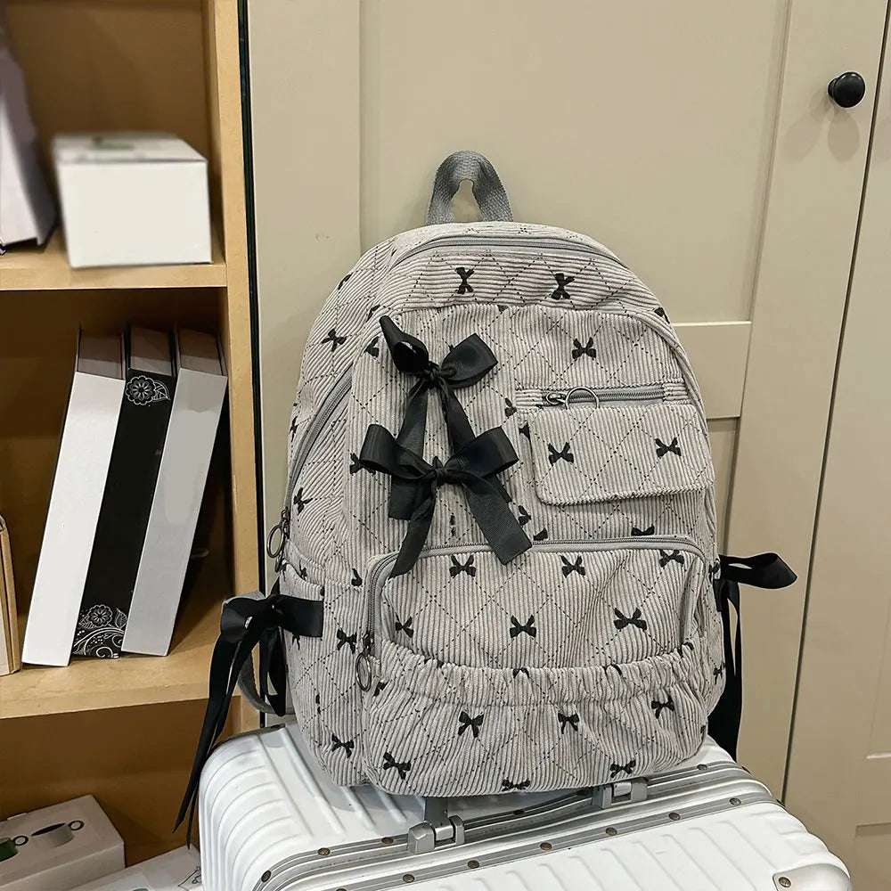 Corduroy Bow School bag  – Versatile Korean Style Backpack