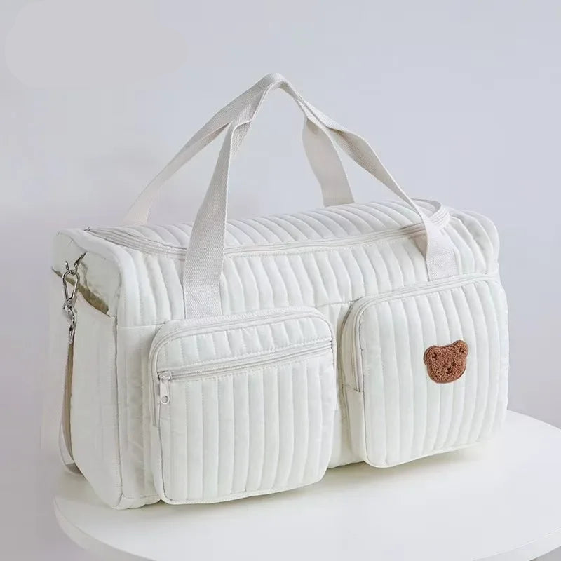 Cute Bear Embroidered Baby Diaper Bag – Beige Cotton Mommy Handbag