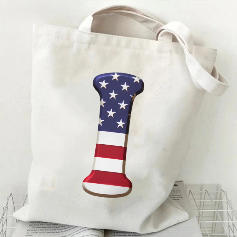 A–Z Alphabet Canvas Tote Bag – American Flag Print Y2K Aesthetic Handbag