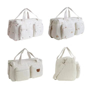 Cute Bear Embroidered Baby Diaper Bag – Beige Cotton Mommy Handbag