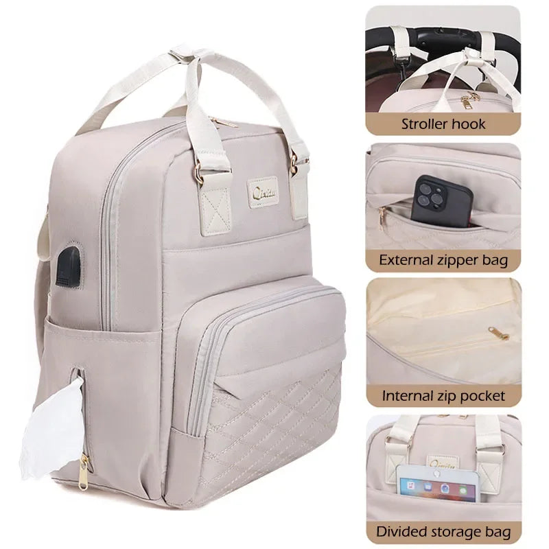 Portable Diaper Backpack with USB Charging Port for Moms