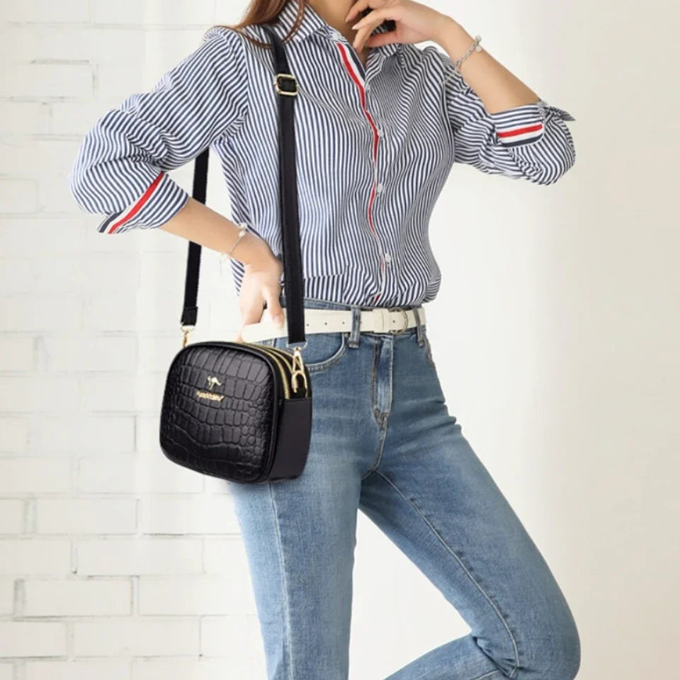 Elegant Triple-Zip Handbag – Croc-Texture PU Leather Crossbody Bag