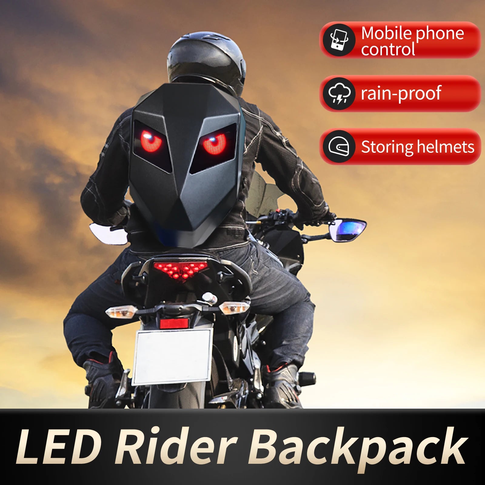 Bluetooth LED Motorcycle Backpack – Hard Shell Helmet Bag with Luminous Eyes
