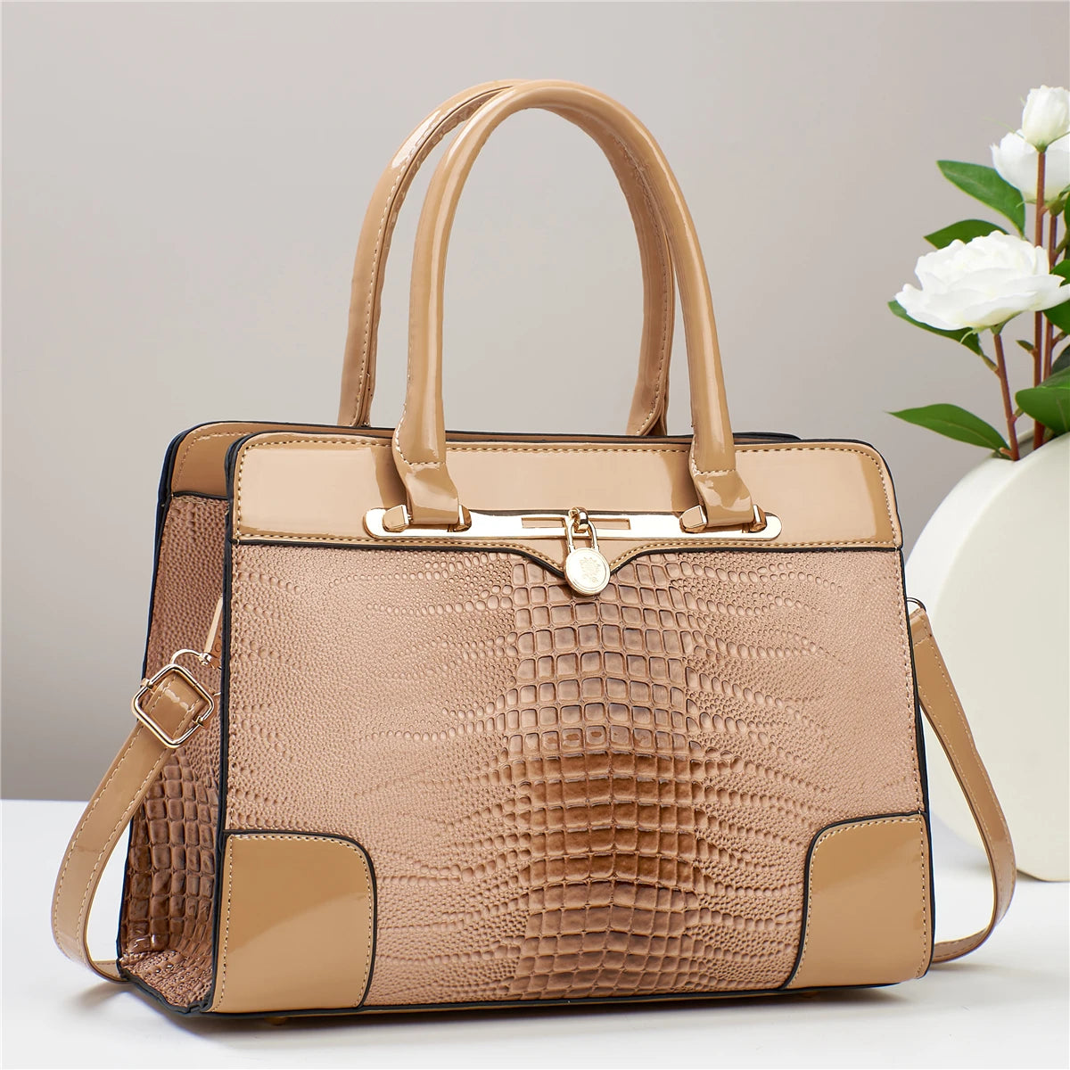 Fashion Glossy Satchel Purse Crocodile Pattern Handbag