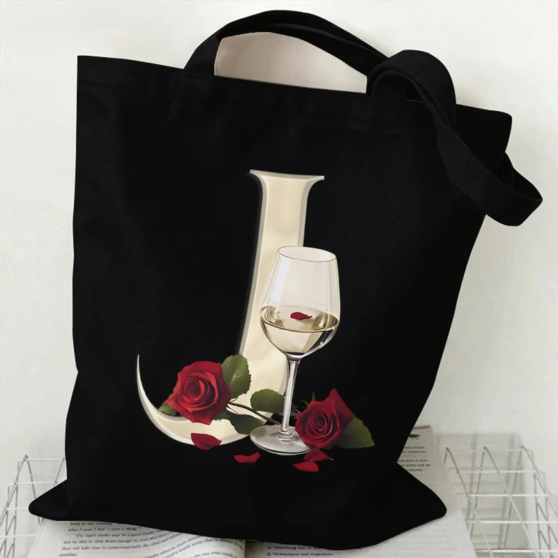 Fashion A–Z Letter Rose Print Tote Bag for Women