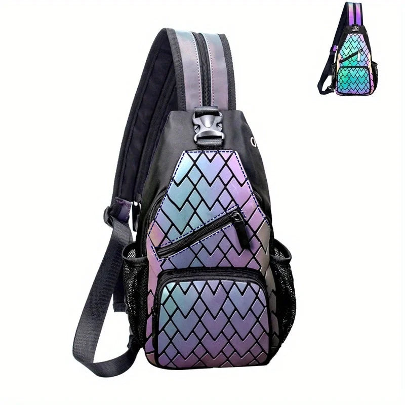Geometric Luminous Holographic Backpack – Large Capacity Reflective Crossbody Bag
