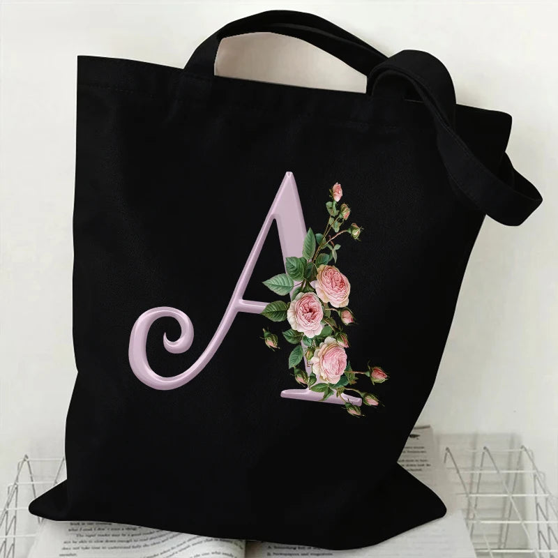 Trendy Women’s Canvas Tote – Aesthetic Alphabet Roses Shoulder Bag