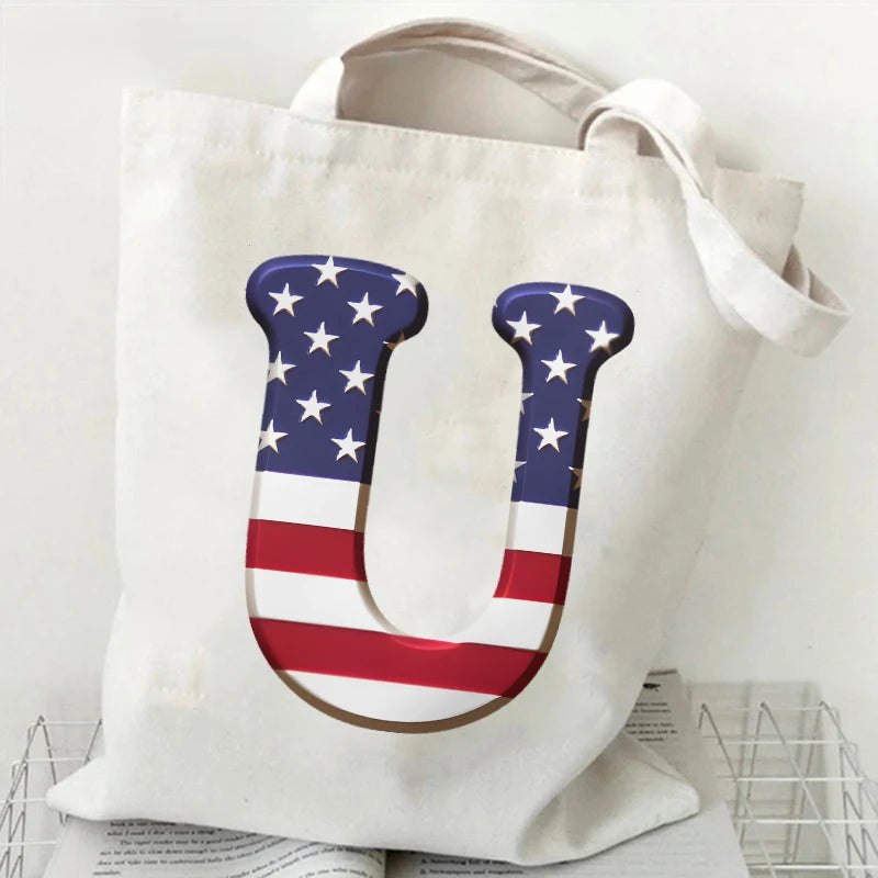 A–Z Alphabet Canvas Tote Bag – American Flag Print Y2K Aesthetic Handbag