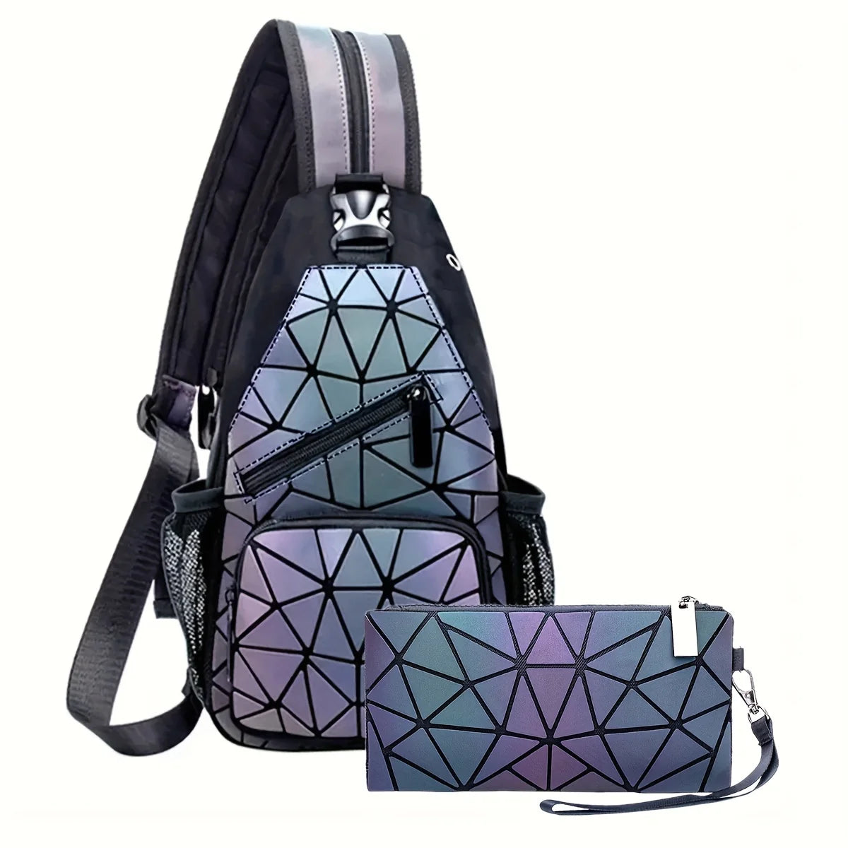 Geometric Luminous Holographic Backpack – Large Capacity Reflective Crossbody Bag
