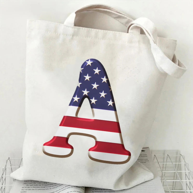A–Z Alphabet Canvas Tote Bag – American Flag Print Y2K Aesthetic Handbag