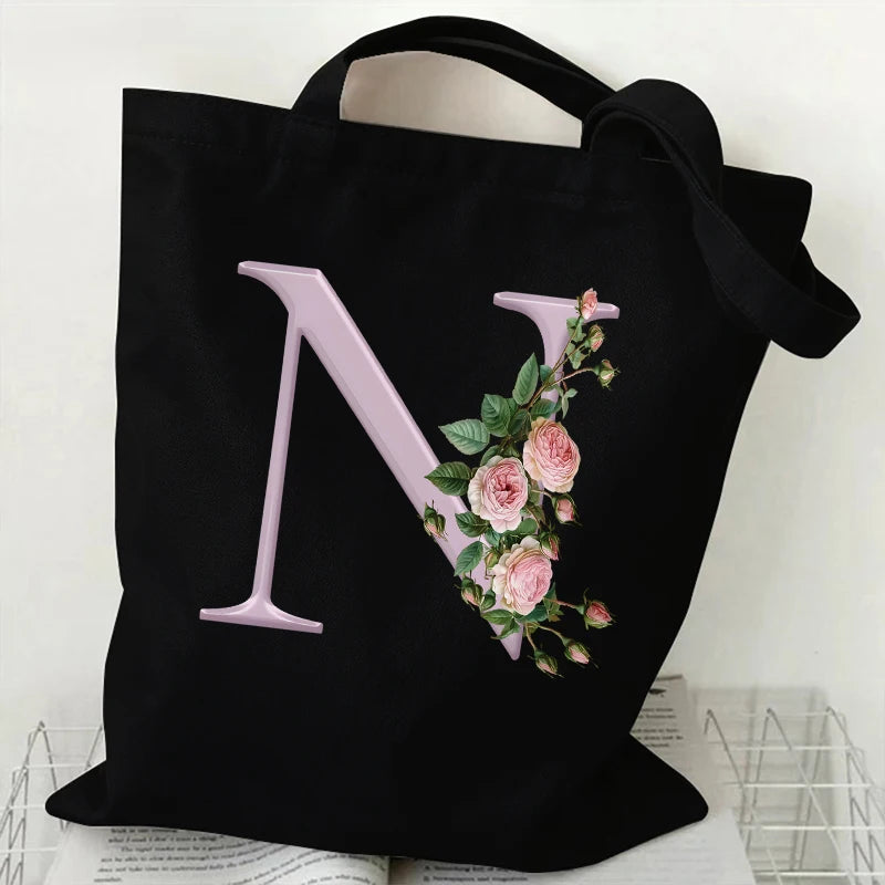 Trendy Women’s Canvas Tote – Aesthetic Alphabet Roses Shoulder Bag