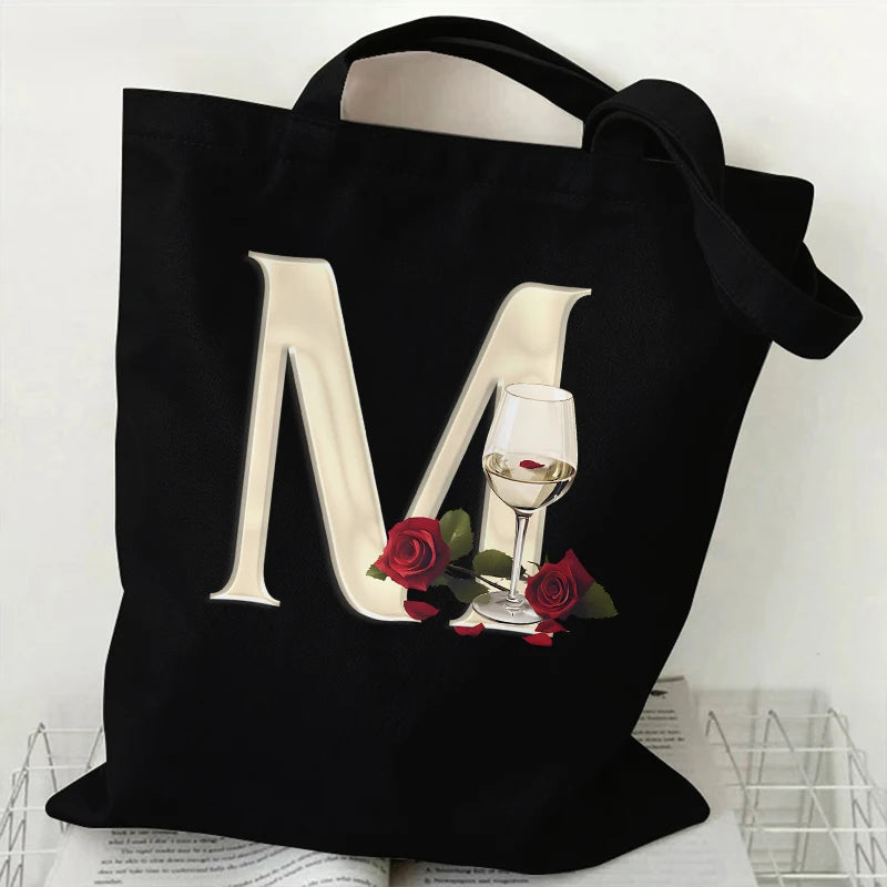 Fashion A–Z Letter Rose Print Tote Bag for Women