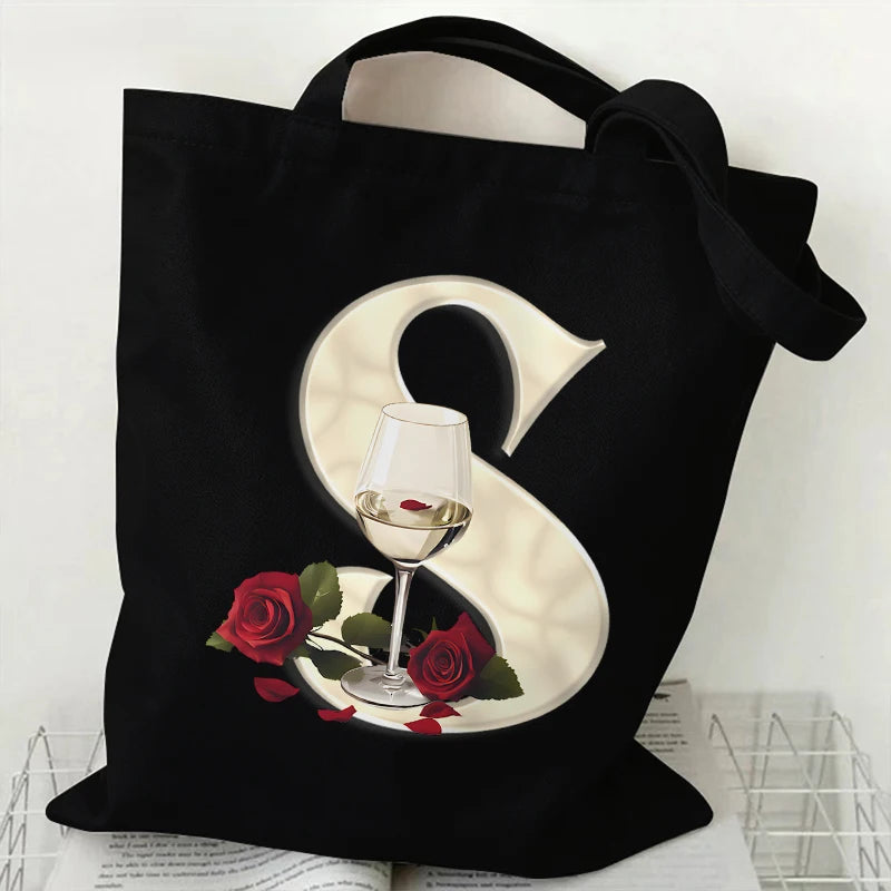 Fashion A–Z Letter Rose Print Tote Bag for Women