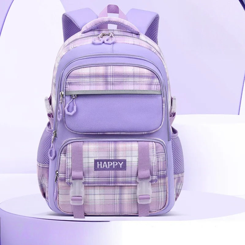 Purple Plaid School Backpack-Waterproof Kids Bag