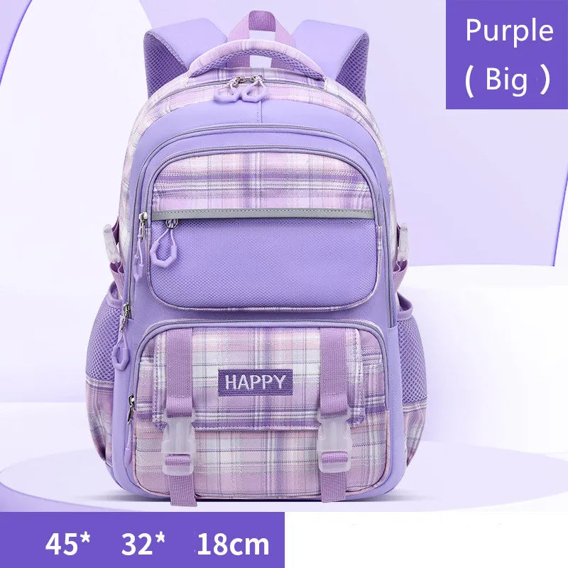Purple Plaid School Backpack-Waterproof Kids Bag