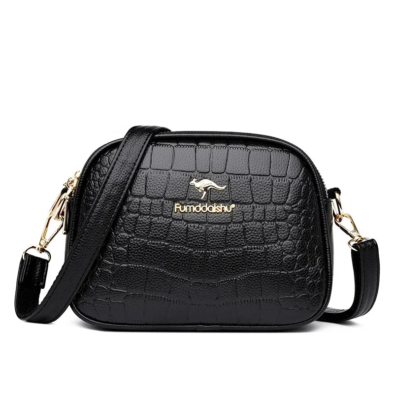 Elegant Triple-Zip Handbag – Croc-Texture PU Leather Crossbody Bag