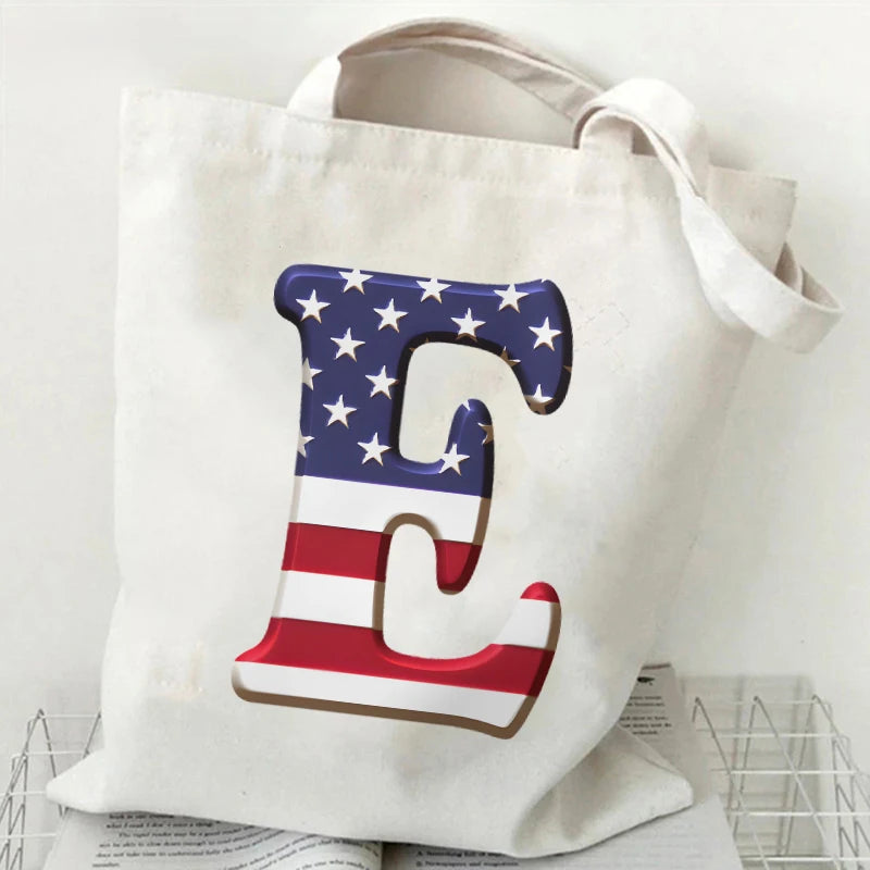 A–Z Alphabet Canvas Tote Bag – American Flag Print Y2K Aesthetic Handbag