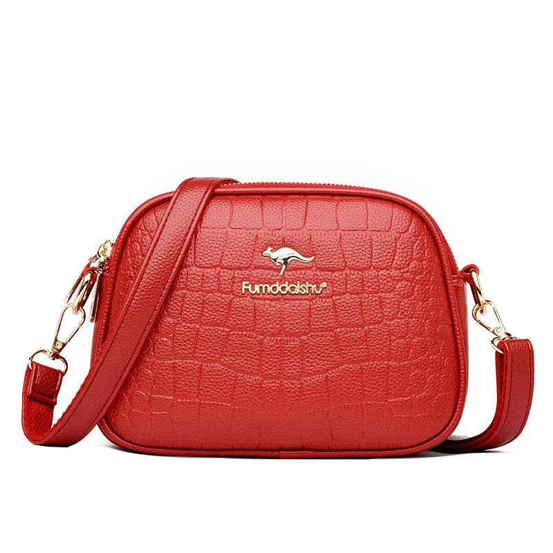 Elegant Triple-Zip Handbag – Croc-Texture PU Leather Crossbody Bag