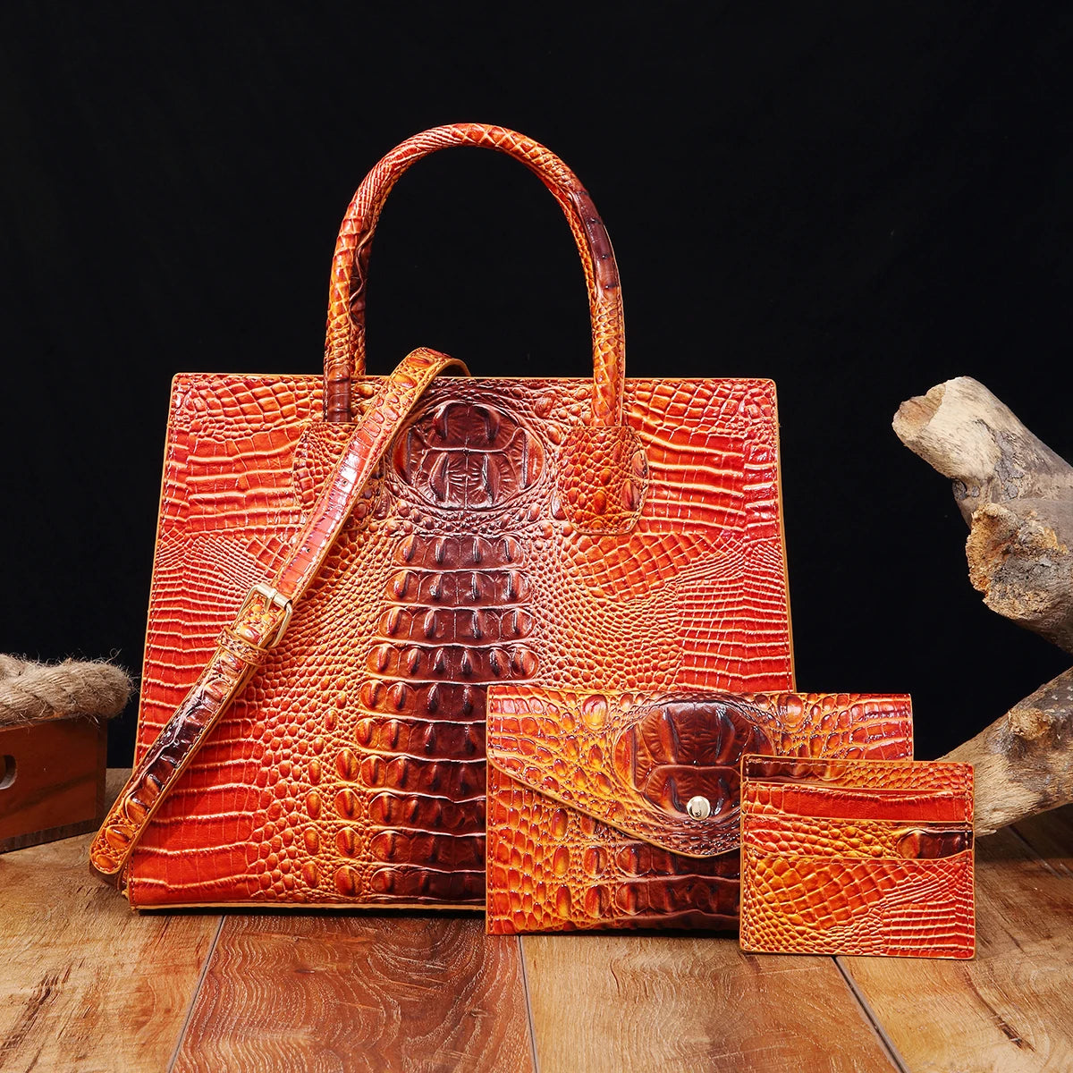 3-Piece Crocodile Pattern Handbag– Vintage Top Handle Bag, Crossbody Purse
