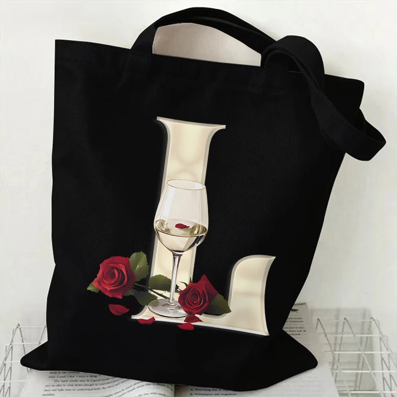 Fashion A–Z Letter Rose Print Tote Bag for Women