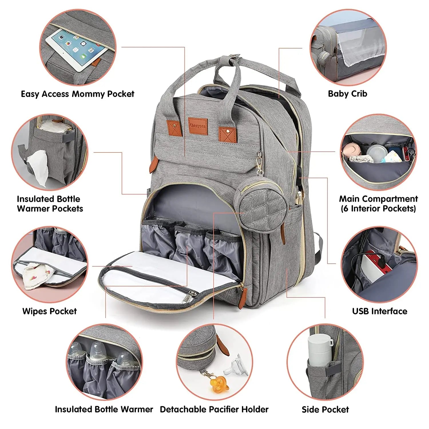3-in-1 Diaper Bag Backpack with Foldable Baby Bed & USB Charging